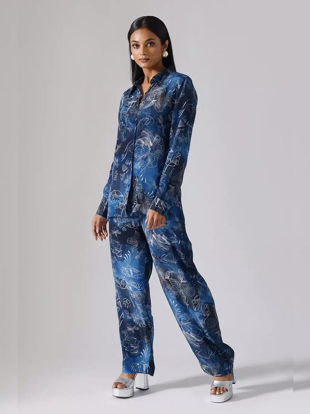 Stunning Printed Shirt Collar Co-Ord Set (Blue) VT-01122-C