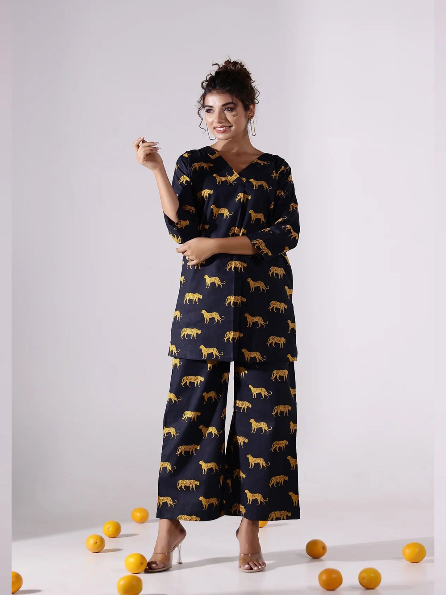 The Black Mustard Leopard Muslin Cotton Coord Set D6036 - kharidari