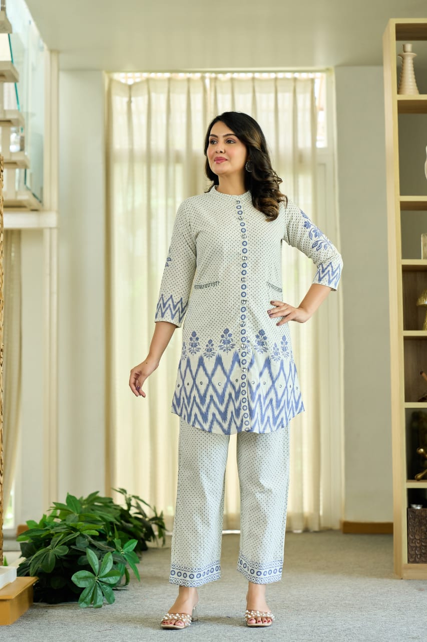 Chic Floral & Polka Dot Printed Pure Cotton Co-Ord Set D6282 - kharidari