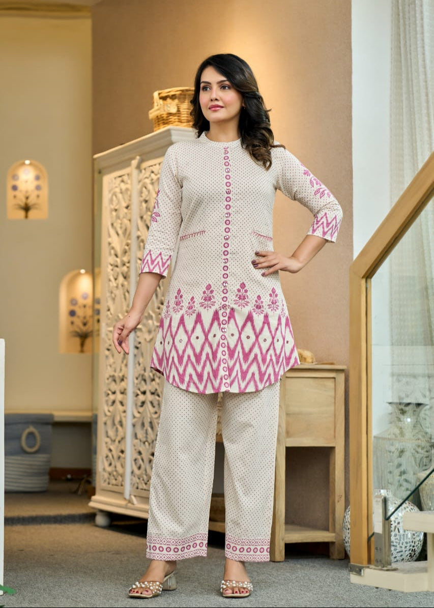 Pure Cotton Floral & Polka Dot Co-Ord Set D6283 - kharidari