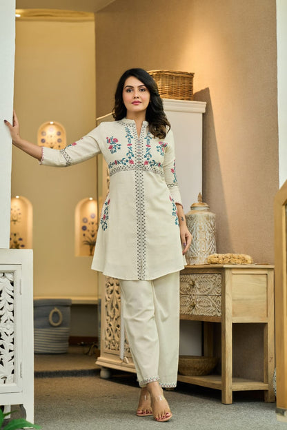 Ivory Cotton Co-Ord Set with Multicolor Floral Embroidery D6286 - Kharidari