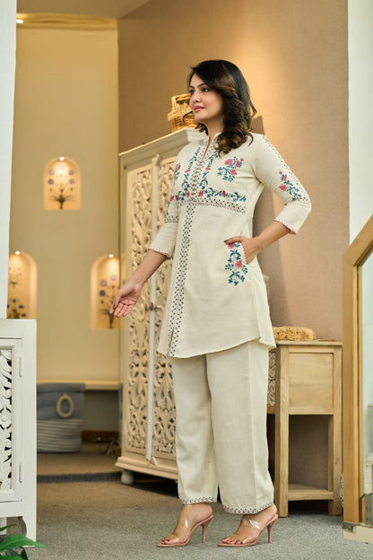 Ivory Cotton Co-Ord Set with Multicolor Floral Embroidery D6286 - Kharidari