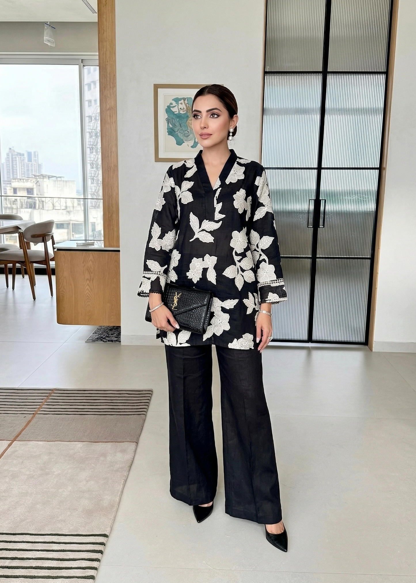 Black Floral Cutwork Embroidered  Co-ord Set for Women D6339