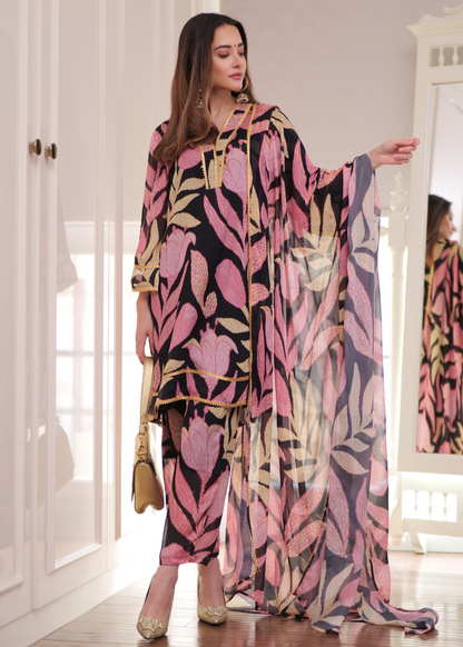 Black Floral Printed Georgette Suit Set D5028 - kharidari