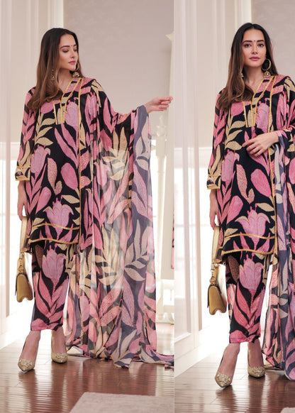 Black Floral Printed Georgette Suit Set D5028 - kharidari