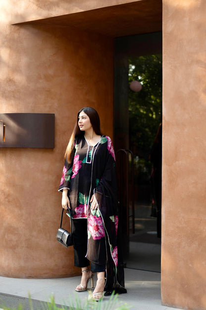 Black Floral  Printed Suit Set With Dupatta D6003 - kharidari