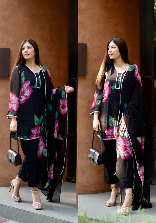 Black Floral  Printed Suit Set With Dupatta D6003 - kharidari
