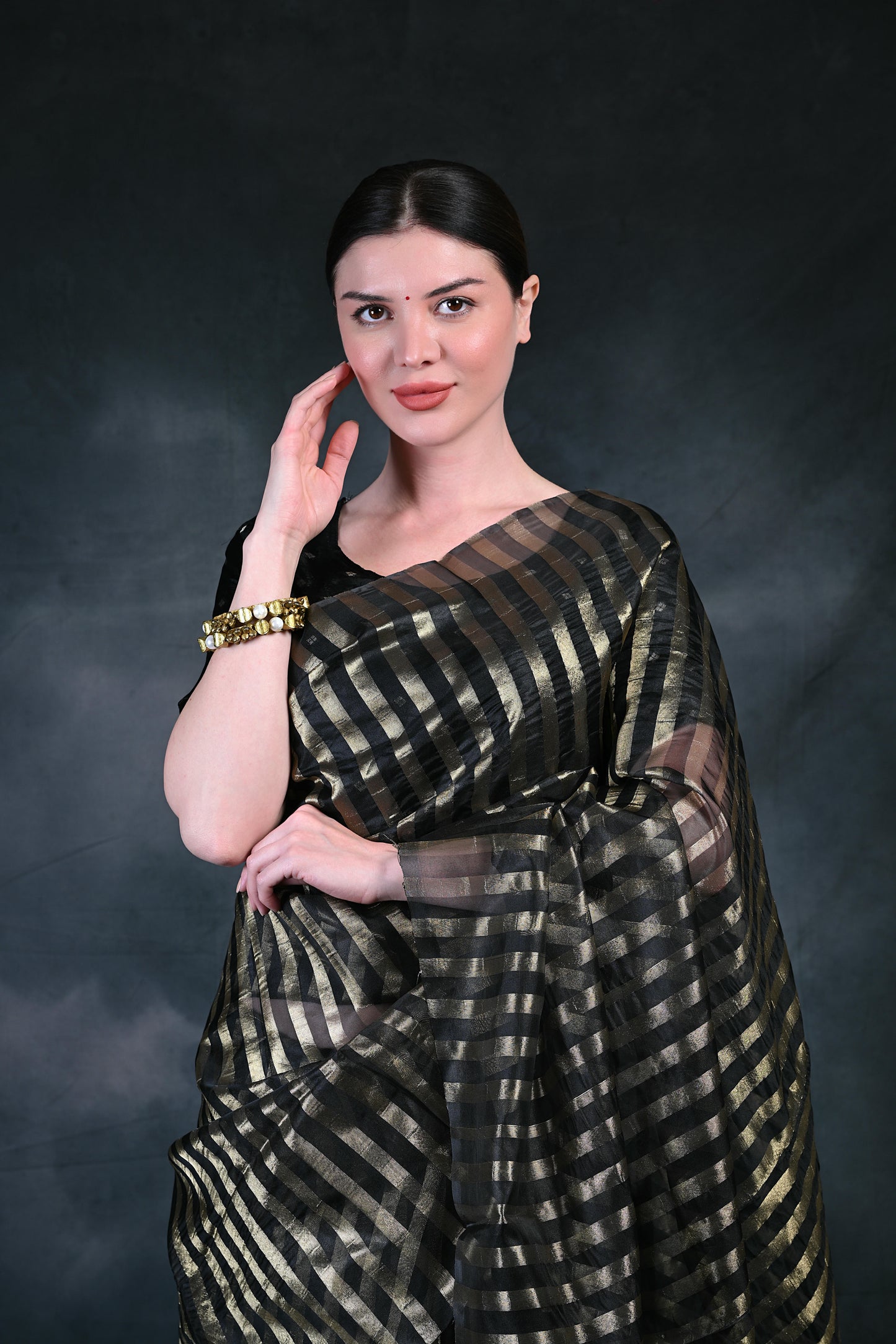 Women's Modern Stripe Design Organza Saree VT4002