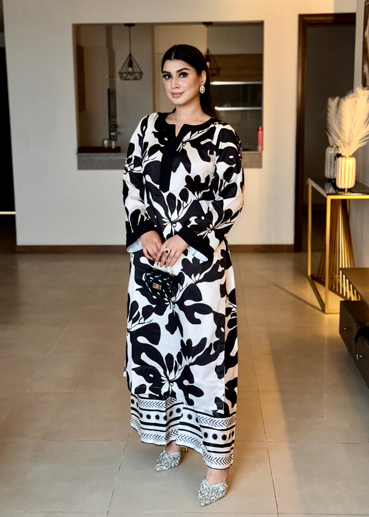 Black & White Flower Printed Armani Satin Suit set D6061 - kharidari