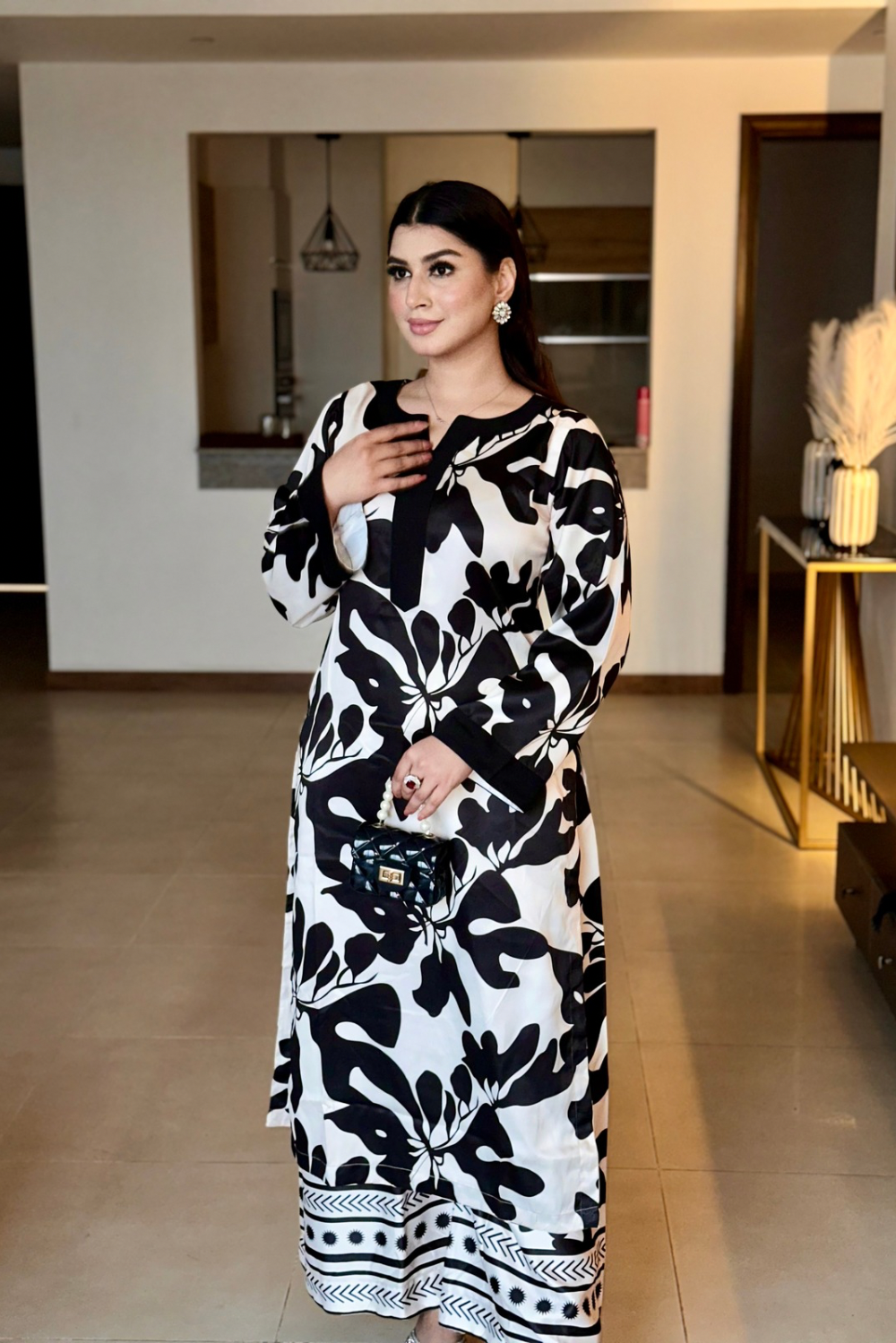 Black & White Flower Printed Armani Satin Suit set D6061 - kharidari