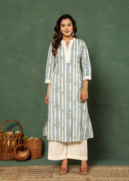 Bloom Boldly Pure Cotton Flower Print Striped Co-ord Set D6246 - kharidari