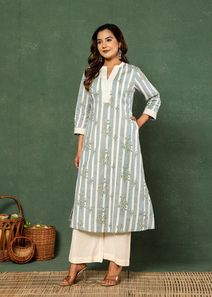 Bloom Boldly Pure Cotton Flower Print Striped Co-ord Set D6246 - kharidari