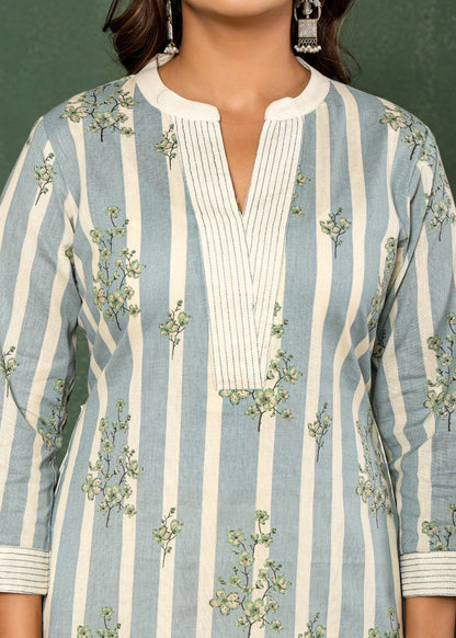 Bloom Boldly Pure Cotton Flower Print Striped Co-ord Set D6246 - kharidari