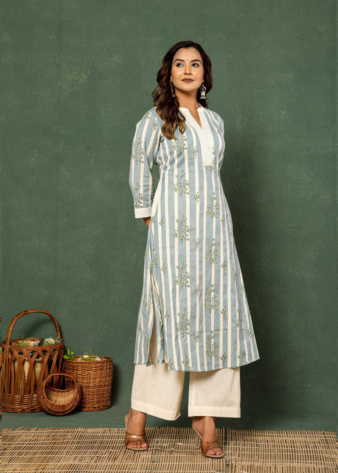 Bloom Boldly Pure Cotton Flower Print Striped Co-ord Set D6246 - kharidari