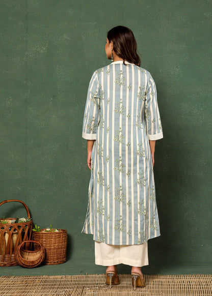 Bloom Boldly Pure Cotton Flower Print Striped Co-ord Set D6246 - kharidari