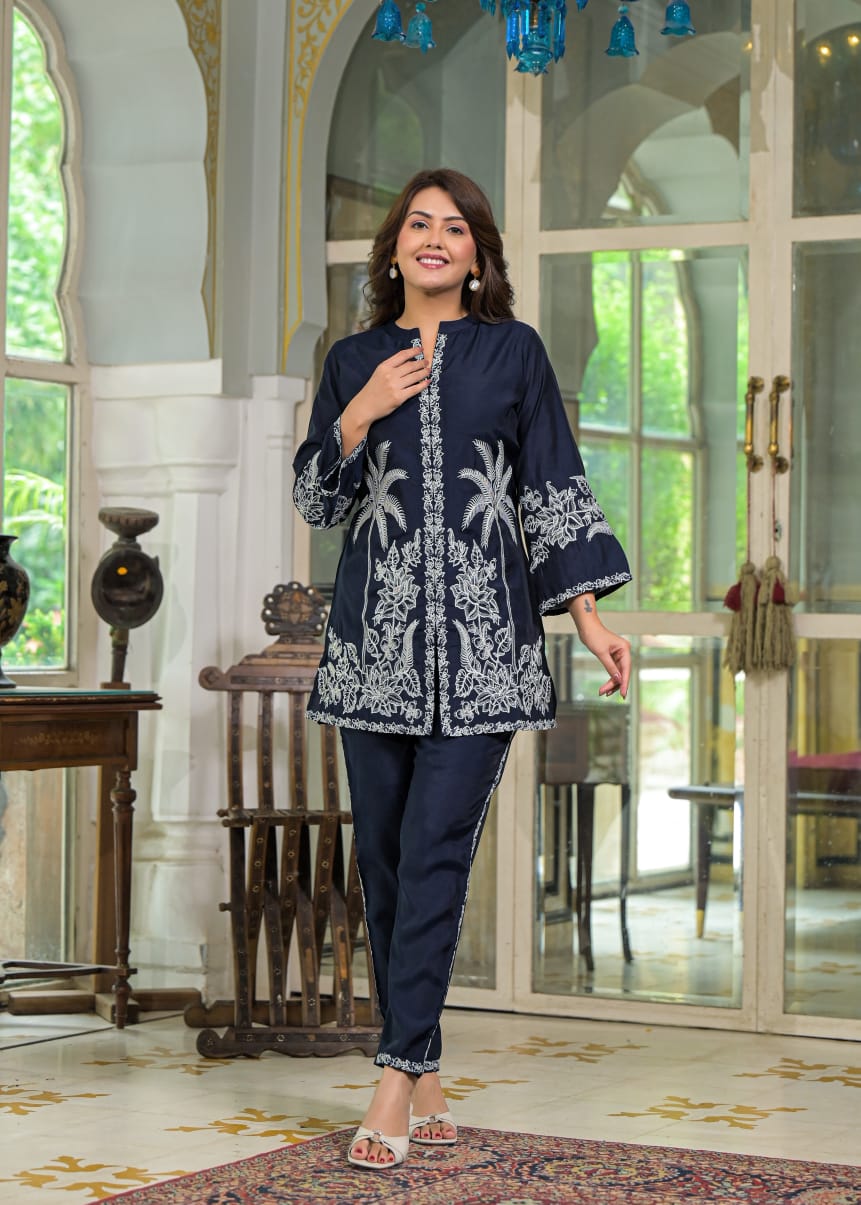 Blue Floral & Palm Tree Motif Embroidered Co-ord Set D6268 - kharidari