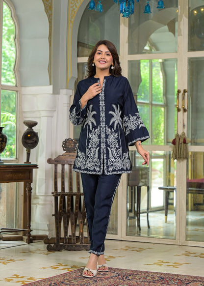 Blue Floral & Palm Tree Motif Embroidered Co-ord Set D6268 - kharidari