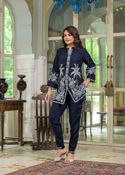 Blue Floral & Palm Tree Motif Embroidered Co-ord Set D6268 - kharidari