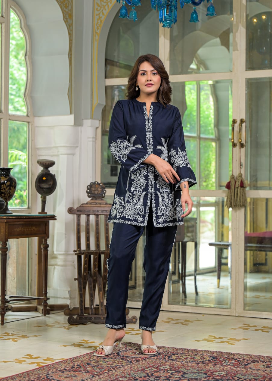 Blue Floral & Palm Tree Motif Embroidered Co-ord Set D6268 - kharidari