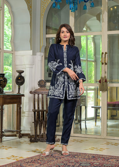 Blue Floral & Palm Tree Motif Embroidered Co-ord Set D6268 - kharidari