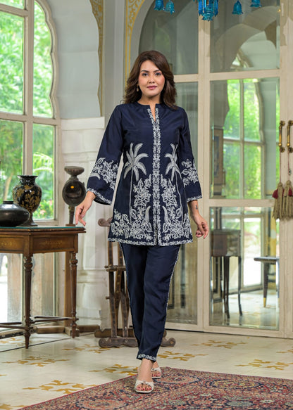Blue Floral & Palm Tree Motif Embroidered Co-ord Set D6268