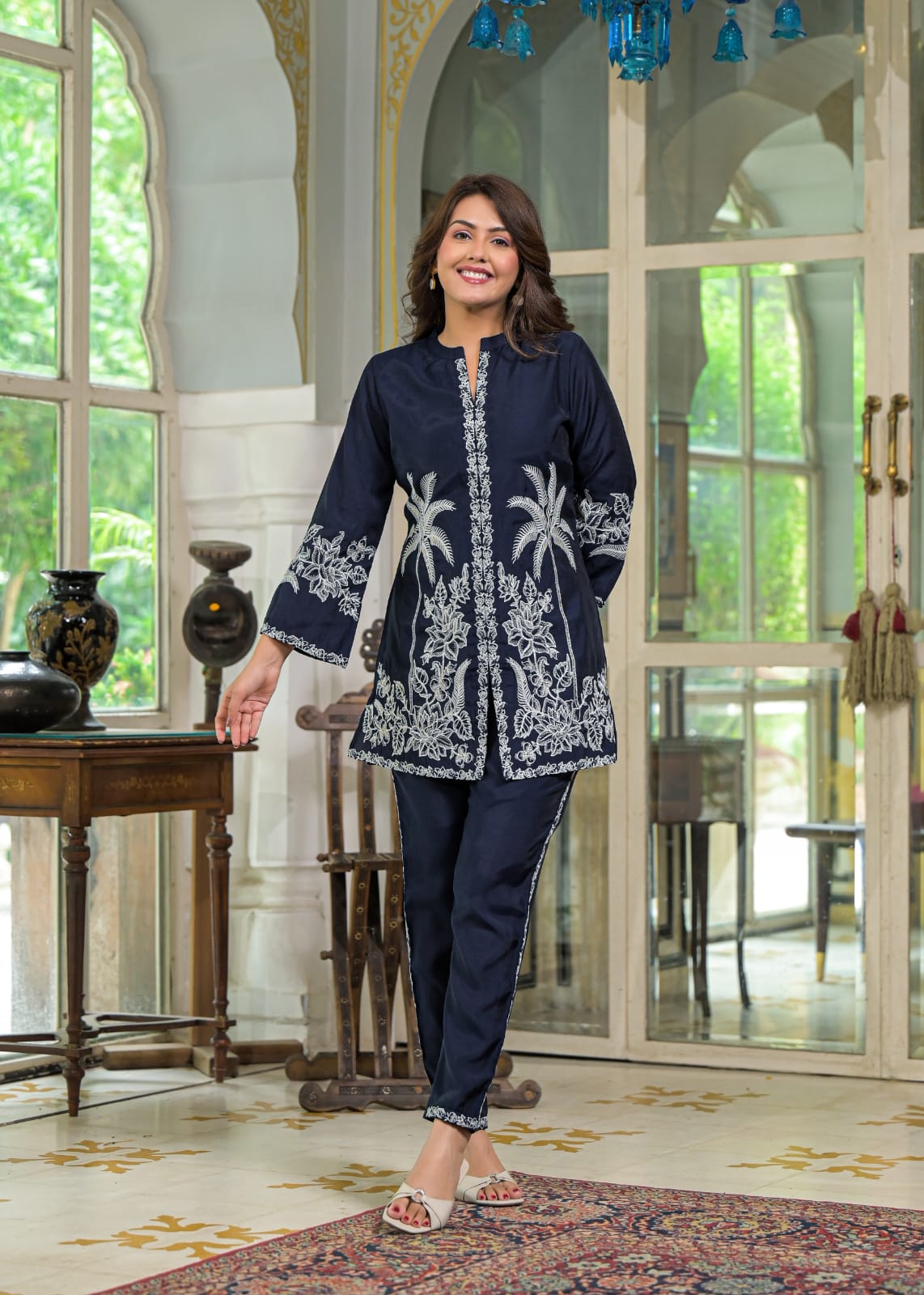Blue Floral & Palm Tree Motif Embroidered Co-ord Set D6268 - kharidari