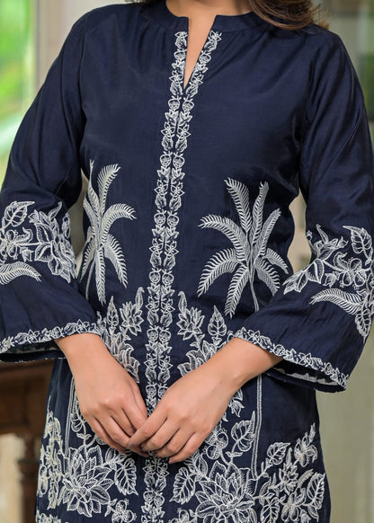 Blue Floral & Palm Tree Motif Embroidered Co-ord Set D6268