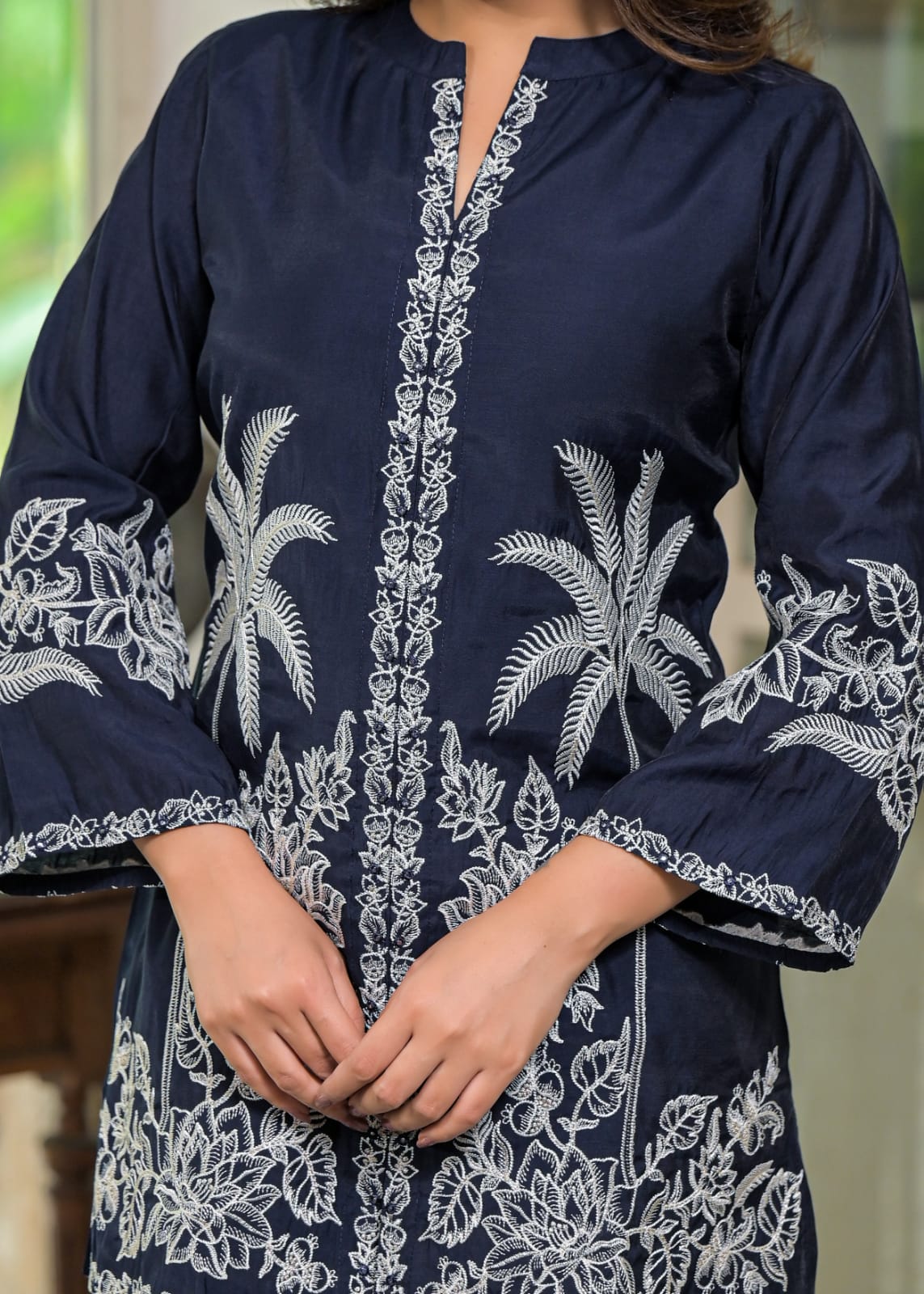Blue Floral & Palm Tree Motif Embroidered Co-ord Set D6268 - kharidari