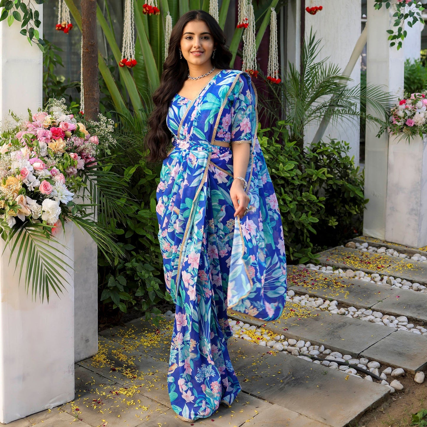 Blue Flower Print Georgette Saree D5011