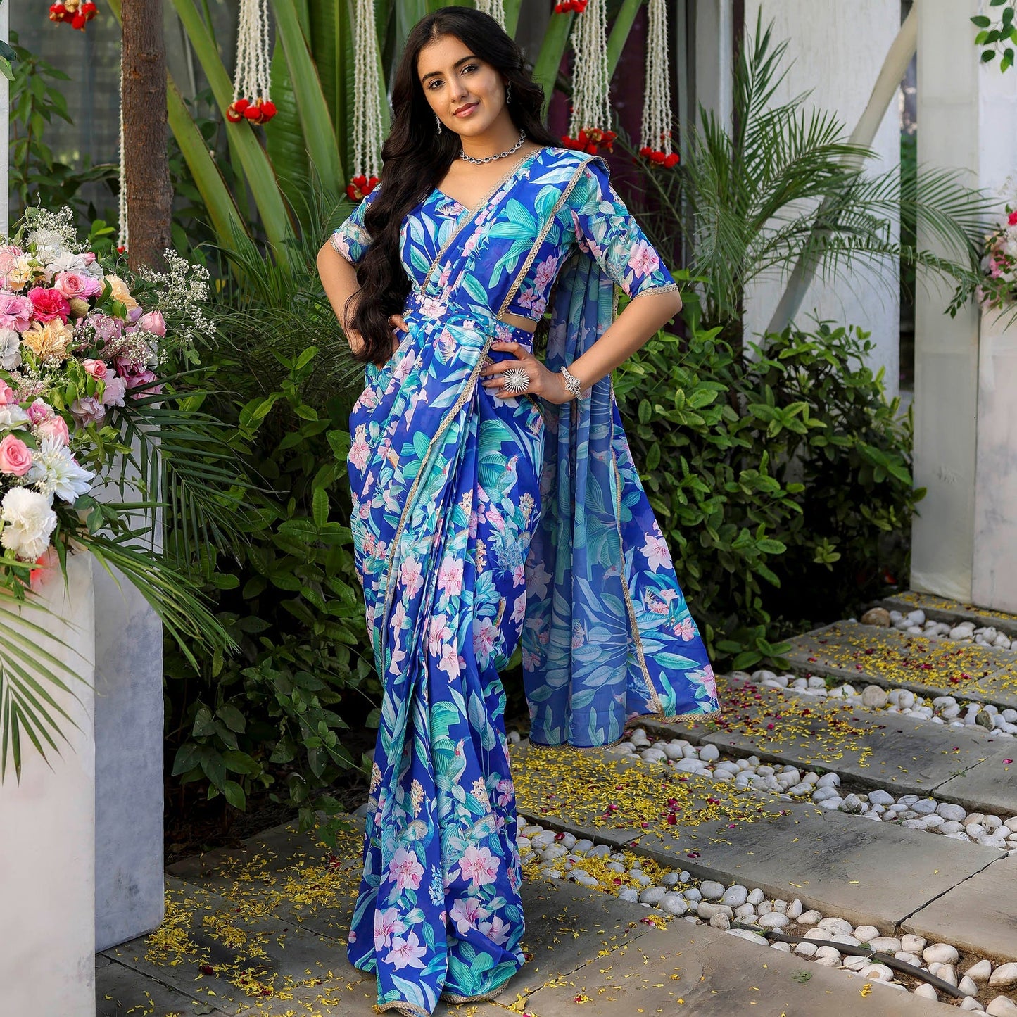 Blue Flower Print Georgette Saree D5011