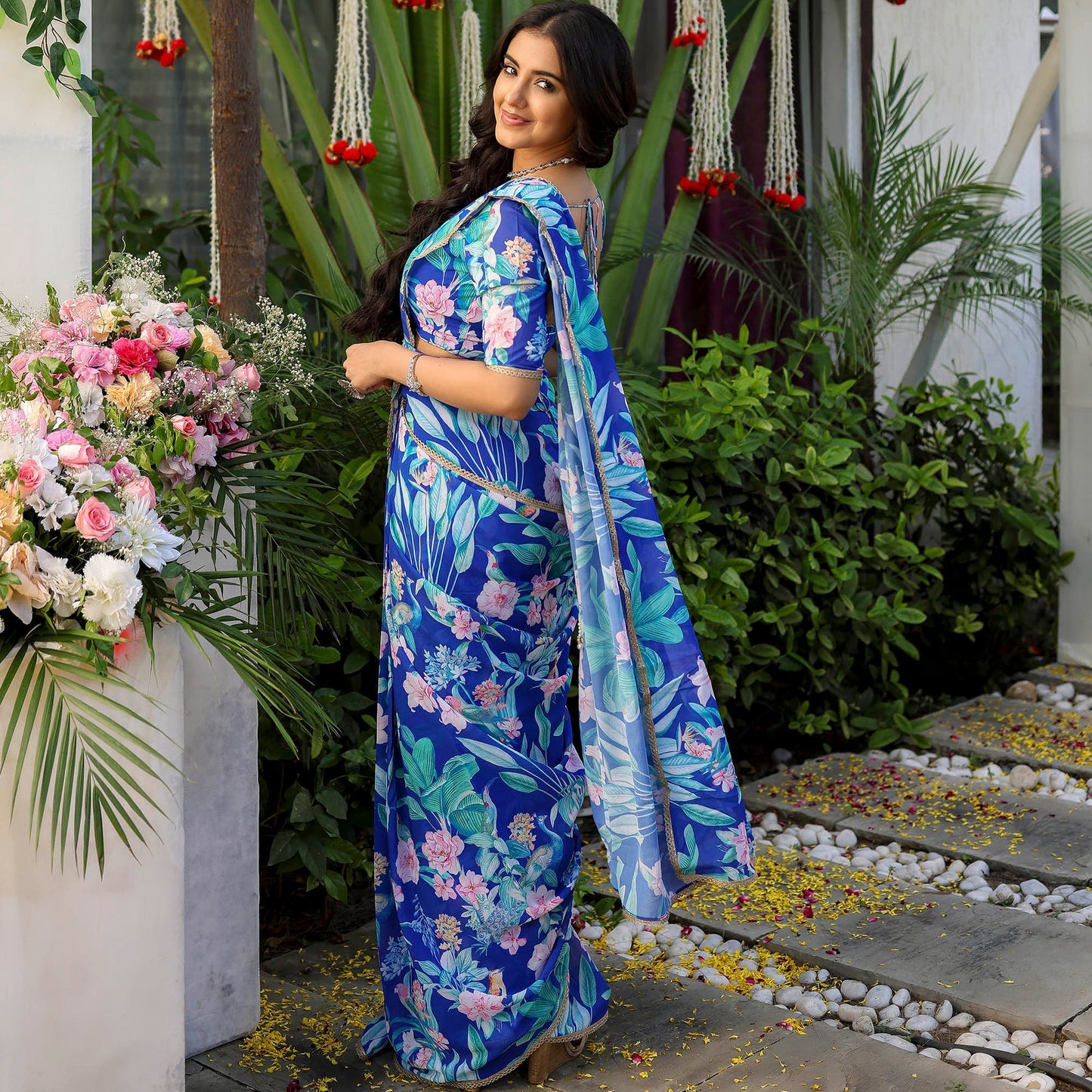 Blue Flower Print Georgette Saree D5011