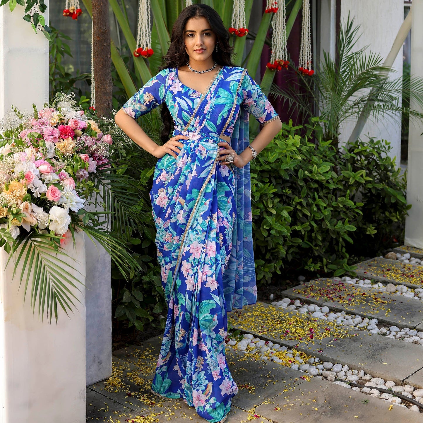 Blue Flower Print Georgette Saree D5011