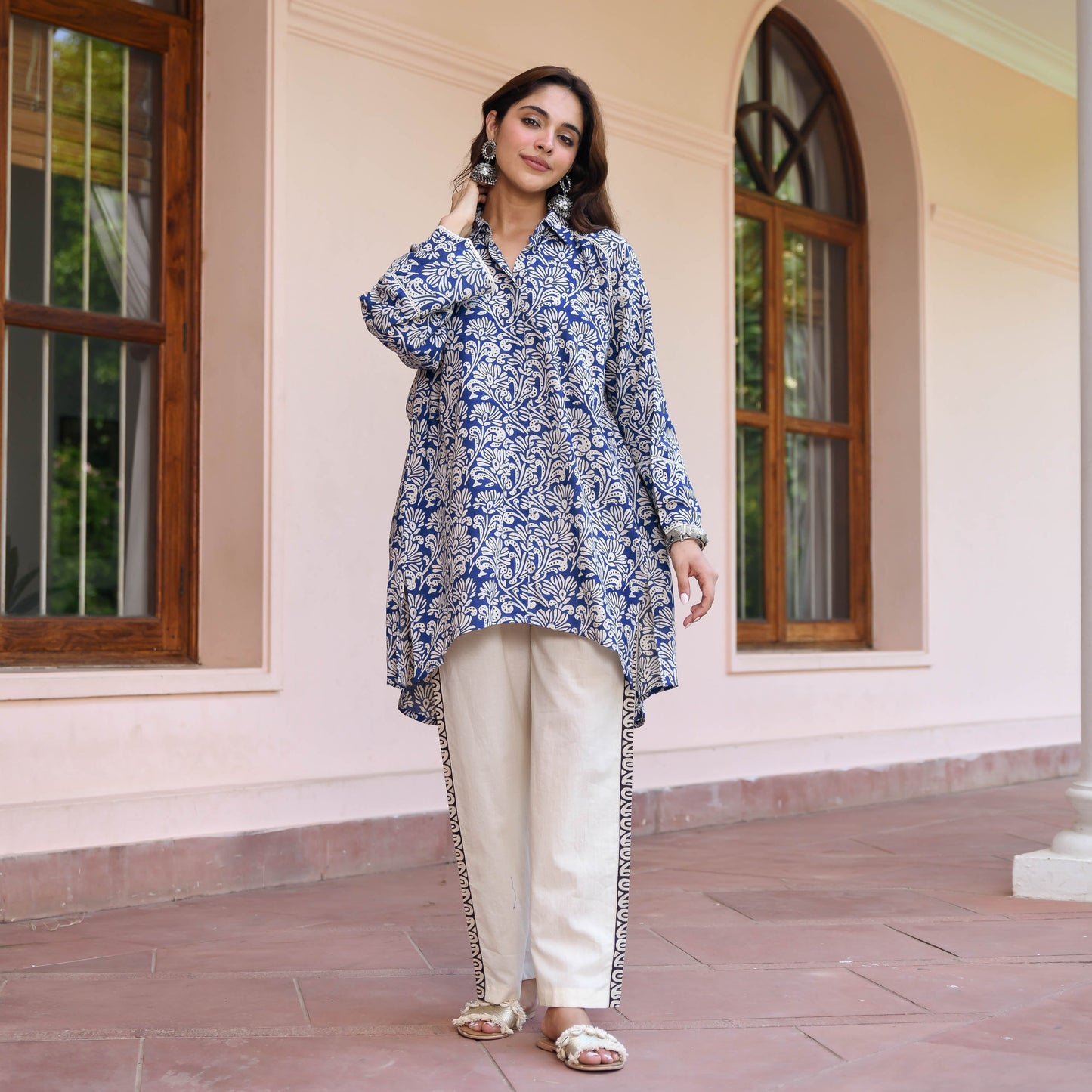 Blue Flower Texture Printed Co-ord Set D6056 - kharidari