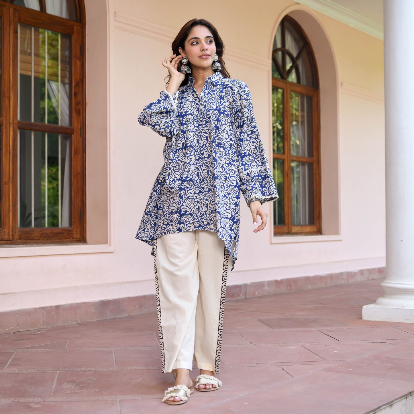 Blue Flower Texture Printed Co-ord Set D6056 - kharidari