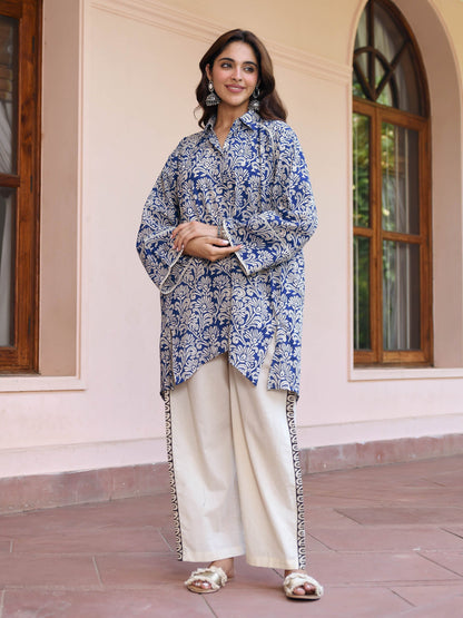 Blue Flower Texture Printed Co-ord Set D6056 - kharidari