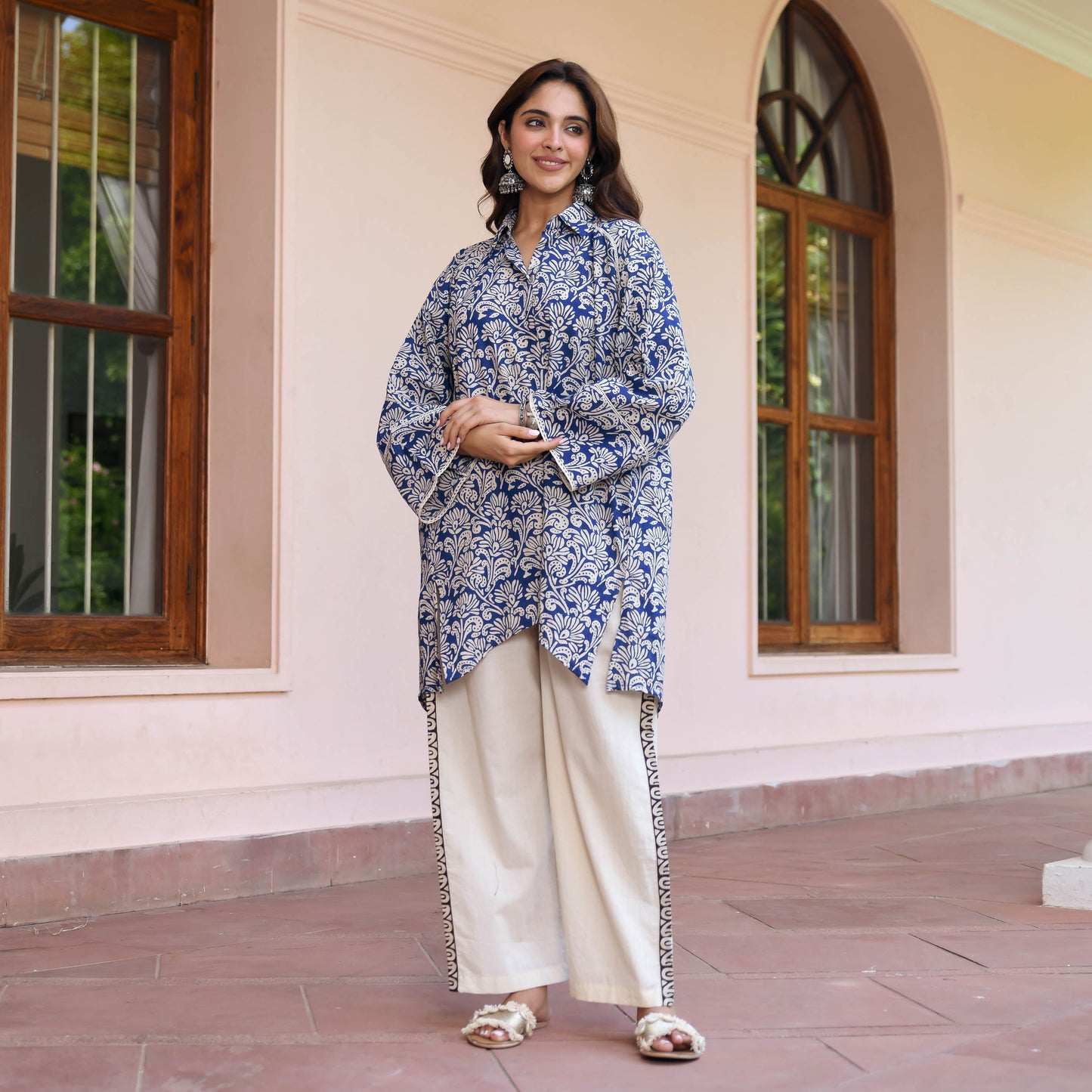 Blue Flower Texture Printed Co-ord Set D6056 - kharidari