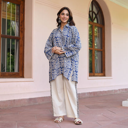 Blue Flower Texture Printed Co-ord Set D6056 - kharidari