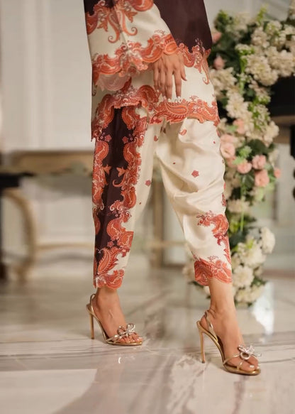 Brown & Cream Paisley Print Co-ord Set – Elegant Rayon Ensemble D6306