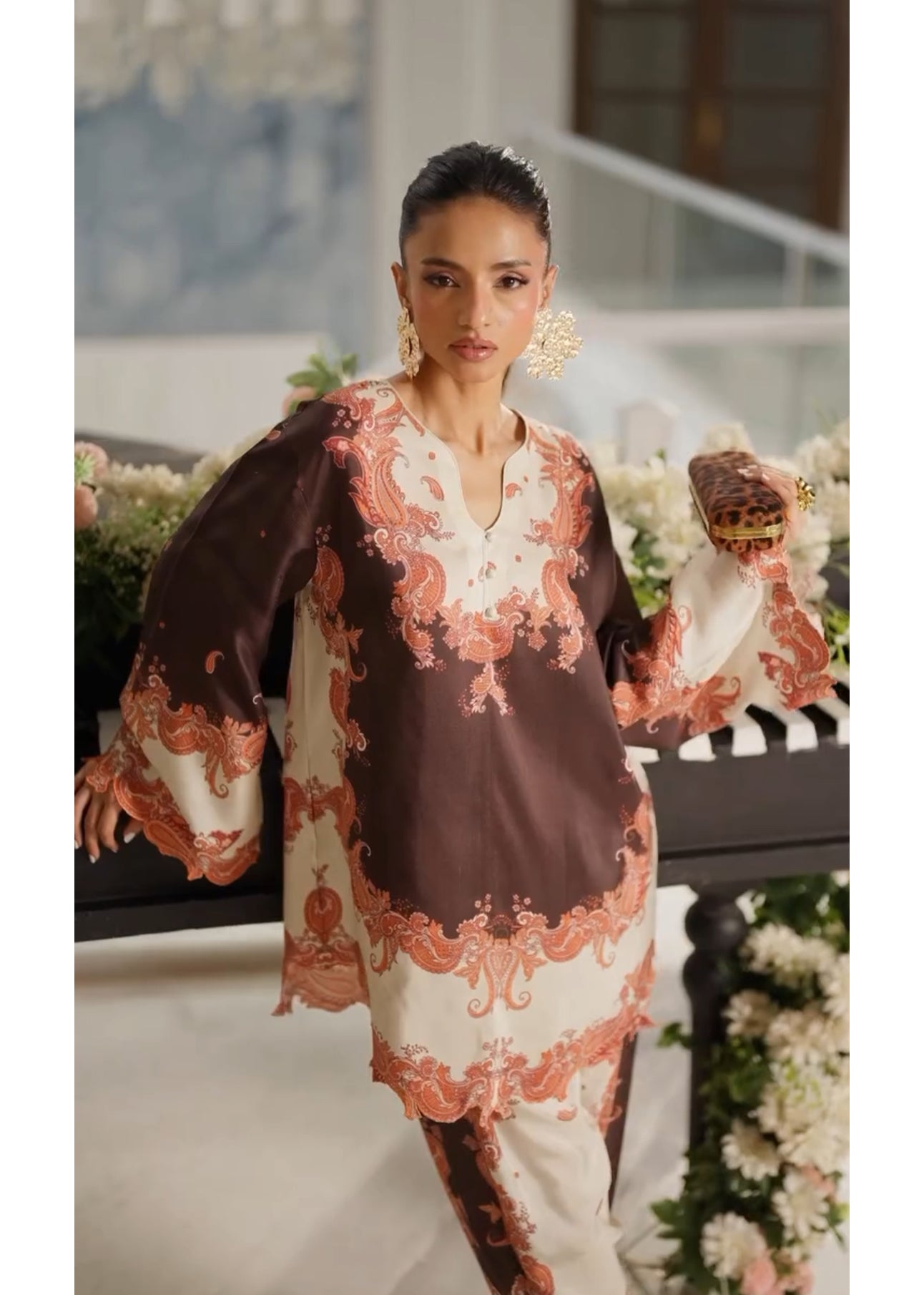 Brown & Cream Paisley Print Co-ord Set – Elegant Rayon Ensemble D6306