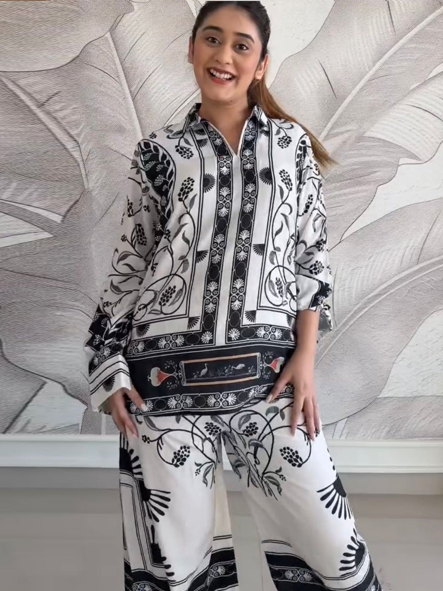 Black & White Casual Printed Armani Satin Suit set D6063 - kharidari