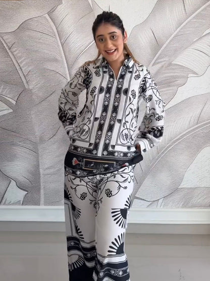 Black & White Casual Printed Armani Satin Suit set D6063 - kharidari