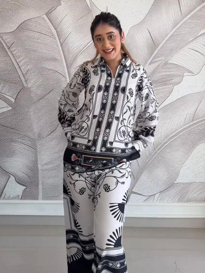 Black & White Casual Printed Armani Satin Suit set D6063 - kharidari