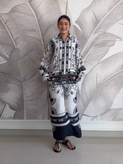 Black & White Casual Printed Armani Satin Suit set D6063 - kharidari