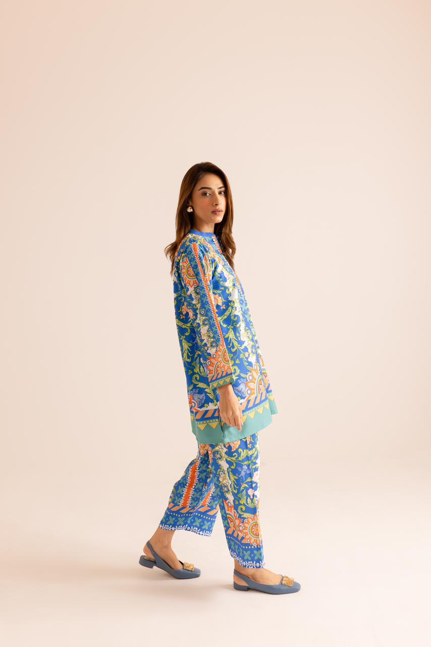 Classic Blue Unique Poly Cotton Co-ord Set D6069 - kharidari