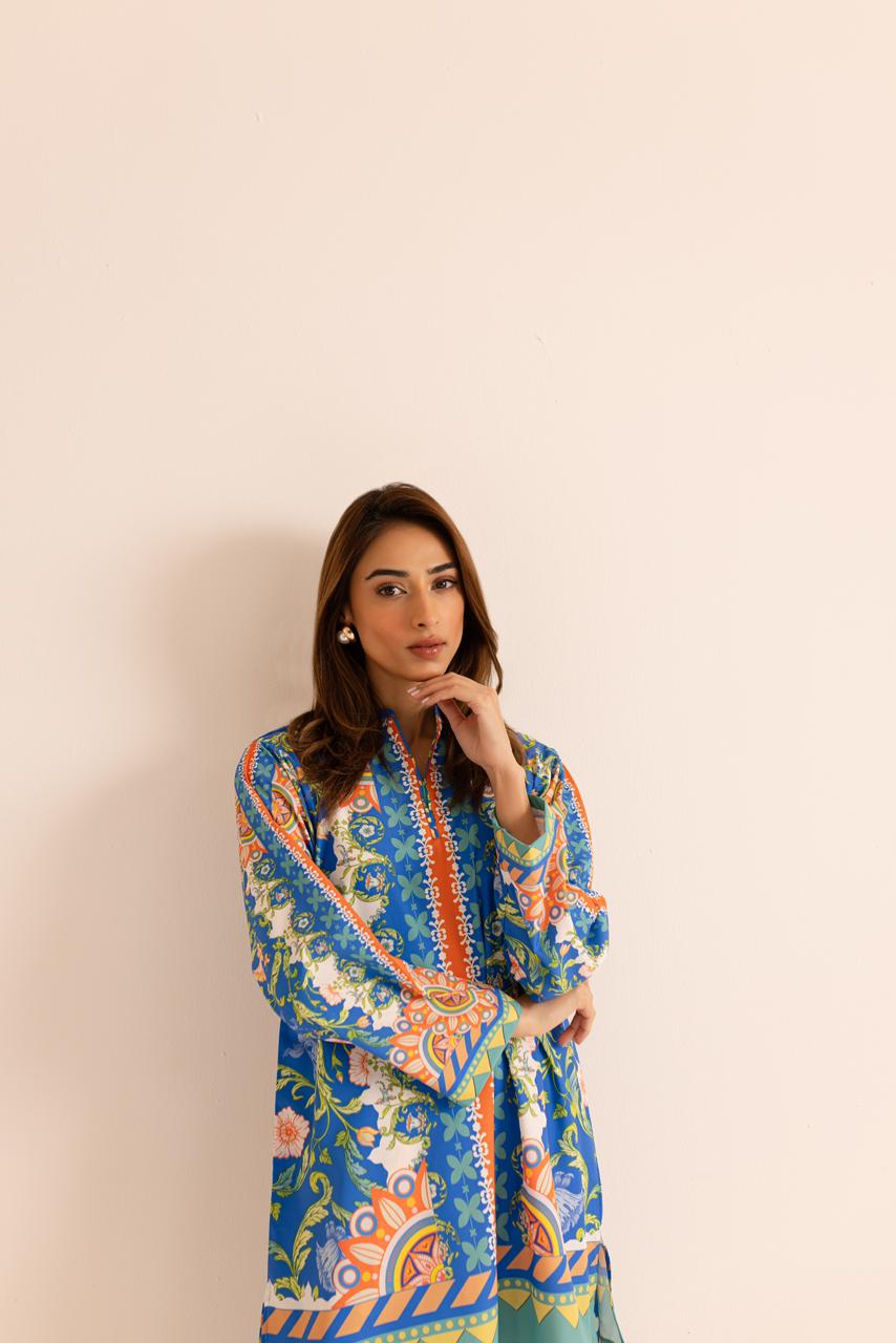 Classic Blue Unique Poly Cotton Co-ord Set D6069 - kharidari