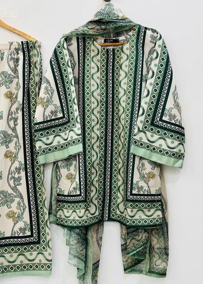 Classic Green Printed Suit Set with Dupatta – D6131