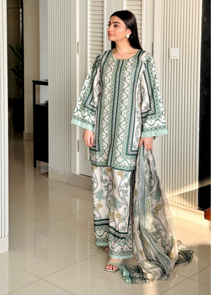 Classic Green Printed Suit Set with Dupatta – D6131
