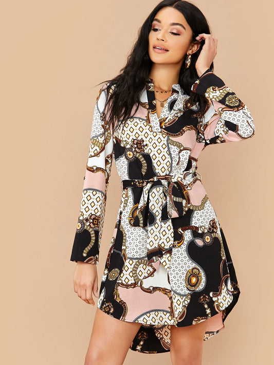 Curved Hem Belted Chain Printed Dress VT-01167