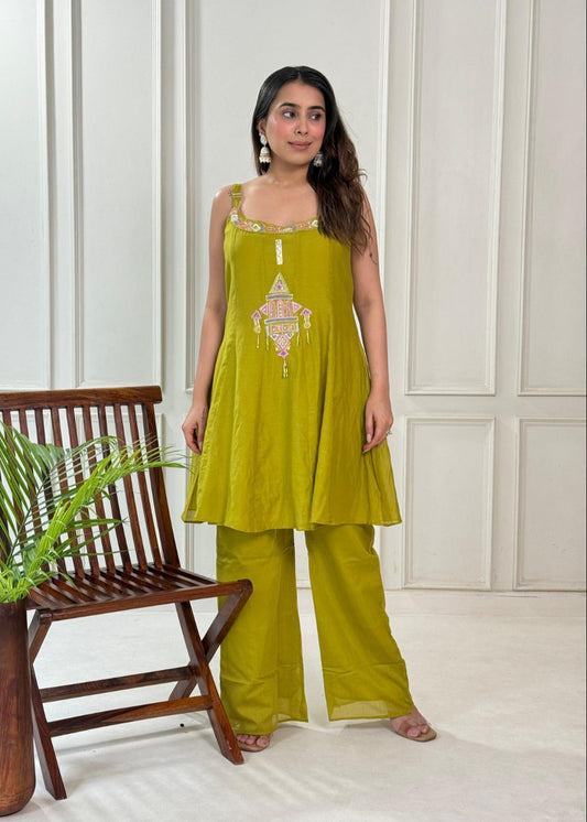 Designer Embroidered Mul Chanderi Co-ord Set – D6214