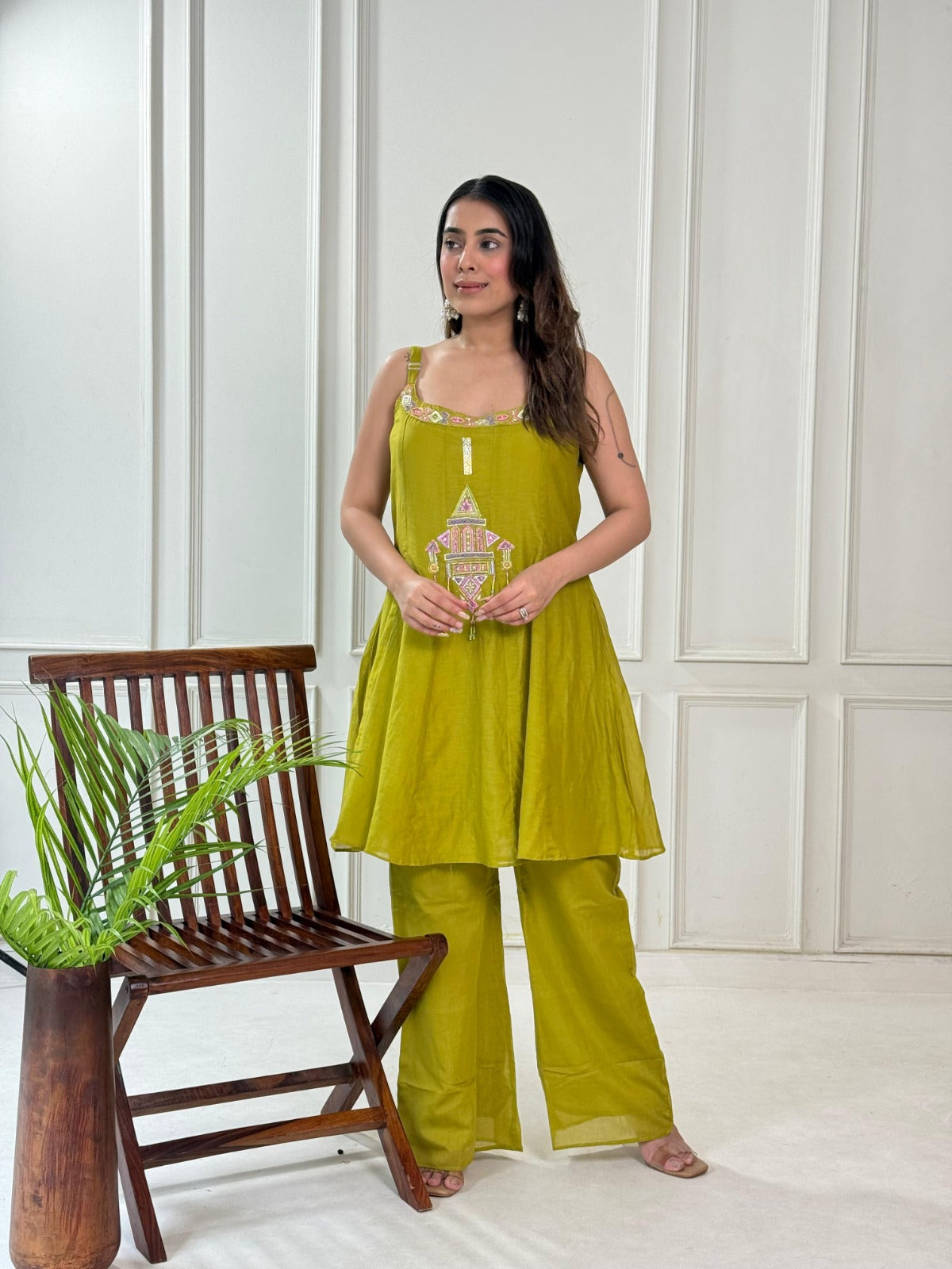 Designer Embroidered Mul Chanderi Co-ord Set – D6214